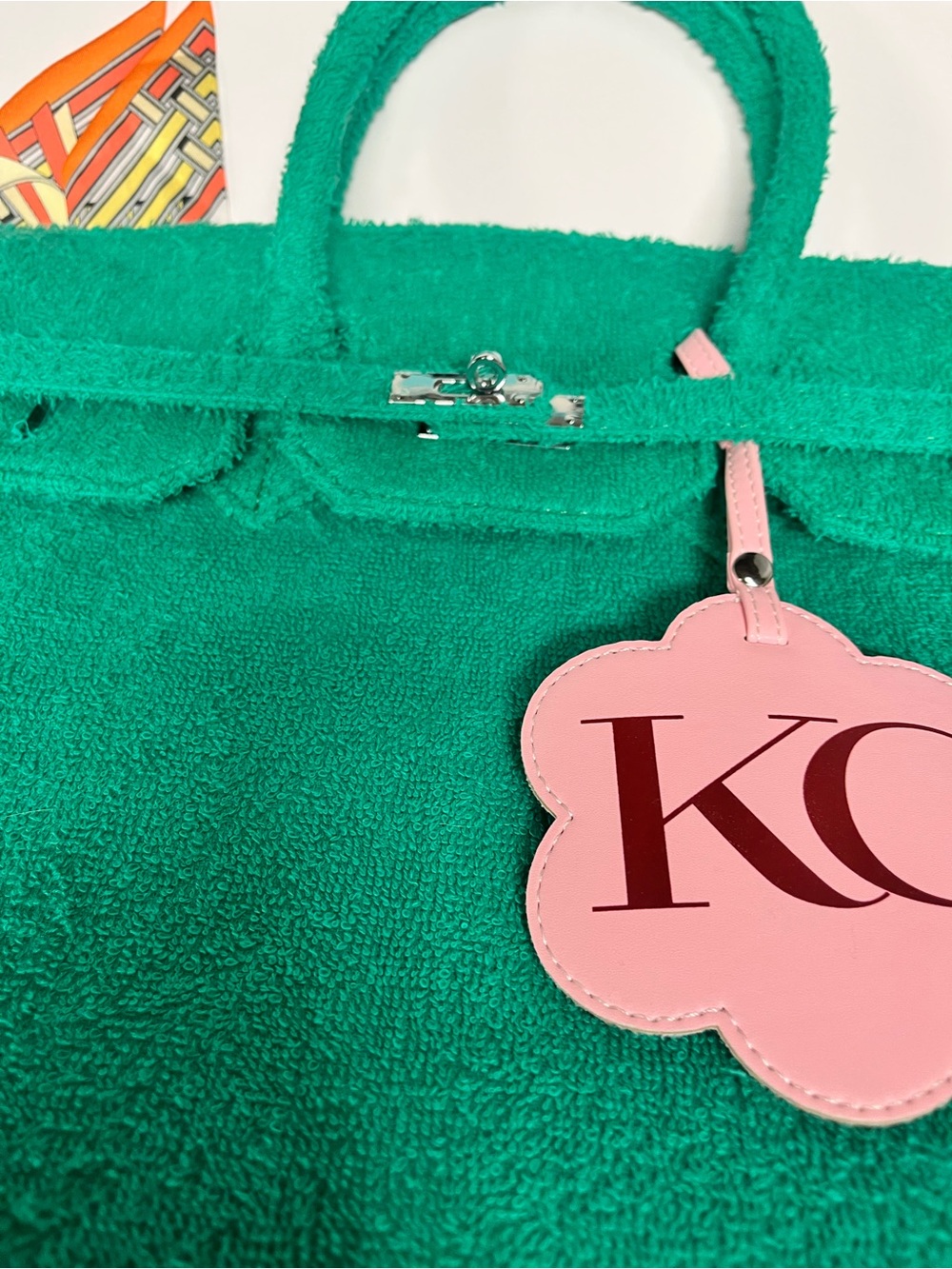 Green Textured Tote Bag with Pink Flower Tag
